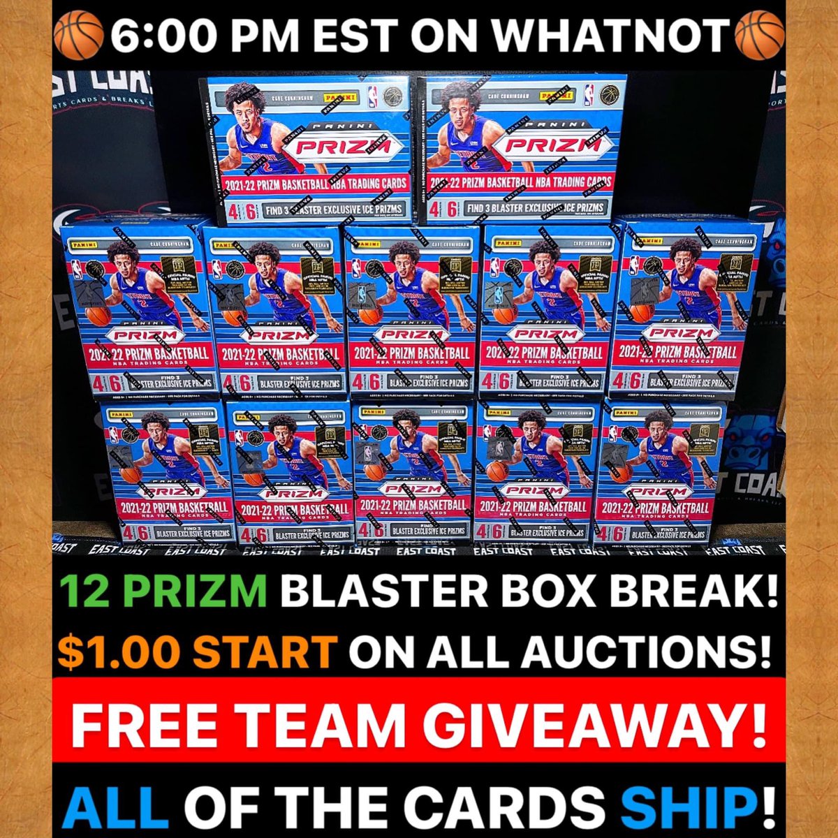 East_Coast_SCB's tweet photo. 🚨🏀TONIGHT ON WHATNOT🏀🚨
All auctions start at just $1.00, PLUS a FREE team GIVEAWAY! 6:00 PM EST tonight, only on Whatnot app! 
Do not miss this baby! 12 blaster boxes, all cards ship, and we logoman hunting too! You know we are pulling some HAMMERS tonight in this one! https://t.co/6x8hWOsPaU