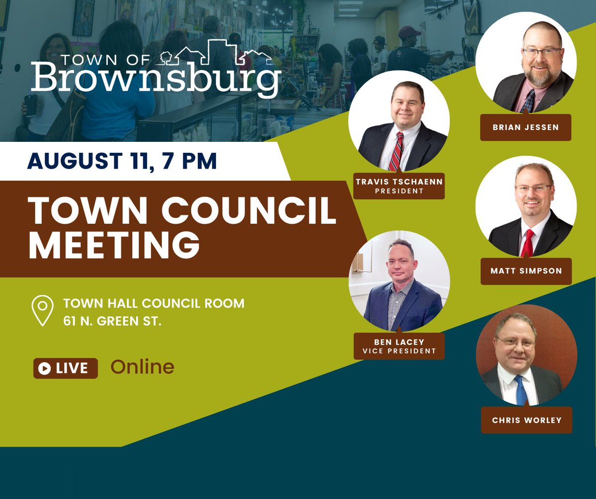 Tonight's Town Council meeting will take place at 7 PM at the Town Hall Council Room.

Full agenda and materials at brownsburg.org/AgendaCenter.

The 7 PM meeting is open to the public and will be livestreamed at brownsburgin.swagit.com/live/.
