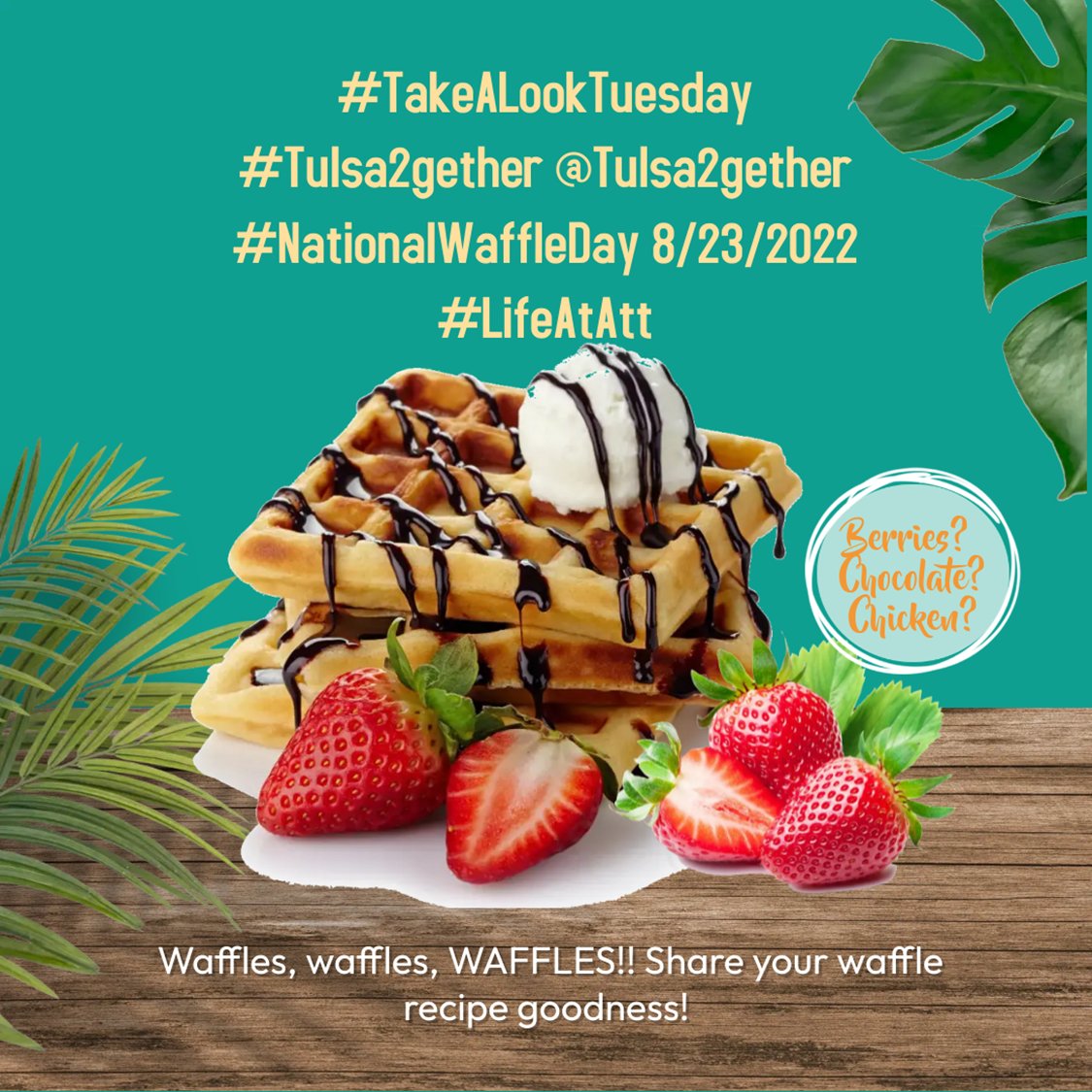 Tulsa2gether's tweet photo. Thereโs a waffle lot to see about waffles (see what we did there?) for #TakeALookTuesday โ paint a mental picture or show us an actual photo of your favorite waffle combos, #Tulsa2gether! https://t.co/pFTc5YMYkX