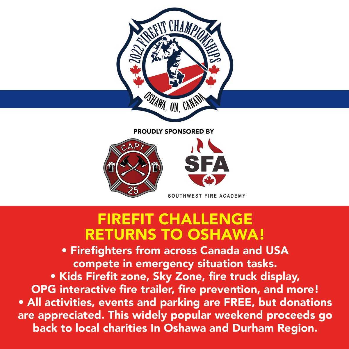 OshawaFire's tweet photo. This weekend: Firefighters from across Canada the USA will be competing at the Oshawa Firefit Regional Championships at the Delpark Homes Centre. 
Kids Firefit zone, Sky Zone, Fire Truck display, interactive fire trailer and more! 
#Oshawa #Community @oshawacity @iafflocal465 https://t.co/dnS4QSIZXH