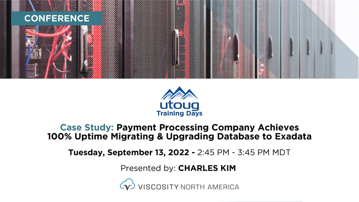 ViscosityNA's tweet photo. Day 2 of @UTOUG #TrainingDays22 continues with @racdba presenting his "Case Study: Payment Processing Company Achieves 100% Uptime Migrating & Upgrading Database to Exadata" session!
Sept 13 | 2:45 PM MDT
Register today: https://t.co/W4C5OUxXFh
#vna22 #UTOUG #exadata https://t.co/BJHSLh9WME