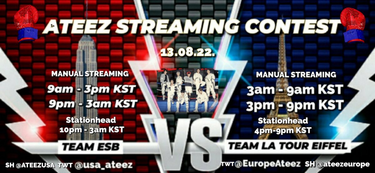 usa_ateez's tweet photo. [ATEEZ STREAMING CONTEST]📢

#TeamESB VS #TeamLaTourEiffel

13.08.22.🥊🔥

Stream #GUERRILLA and #MOVEMENT album manually on Spotify or Apple Music and join Stationhead parties:

@/ateezeurope 4PM-9PM KST
@/ATEEZUSA 10PM-3AM KST

#ateez #에이티즈 https://t.co/K829Bgeich