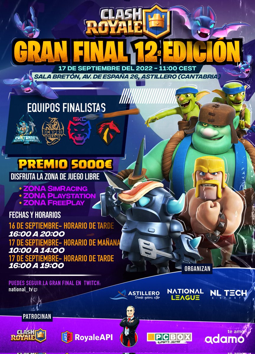 #ClashRoyale | <a href="/EsportsRoyaleES/">Esports Royale ES</a>

Siente el mejor Clash Royale en directo y ven a disfrutar con nosotros, de la gran final de la 12ª edición de <a href="/Nationaleague/">NationalLeagueES</a>

SALA BRETÓN
Av. de España, 26, 39610 Astillero, (Cantabria)
🗺️ maps.app.goo.gl/F4rkFPXESU3Hcr…

¿TE LO VAS A PERDER? 🤯