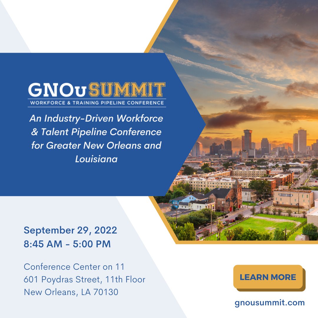 GNOinc's tweet photo. Join us for the first ever GNOu Workforce Summit on September 29th! The Summit will showcase industry partners from advanced manufacturing, logistics, wind energy, technology, maritime and beyond. Register now! #Workforce #Talent #GNOu
Learn More: https://t.co/11XW3klkWd https://t.co/tZQNtb2PS4