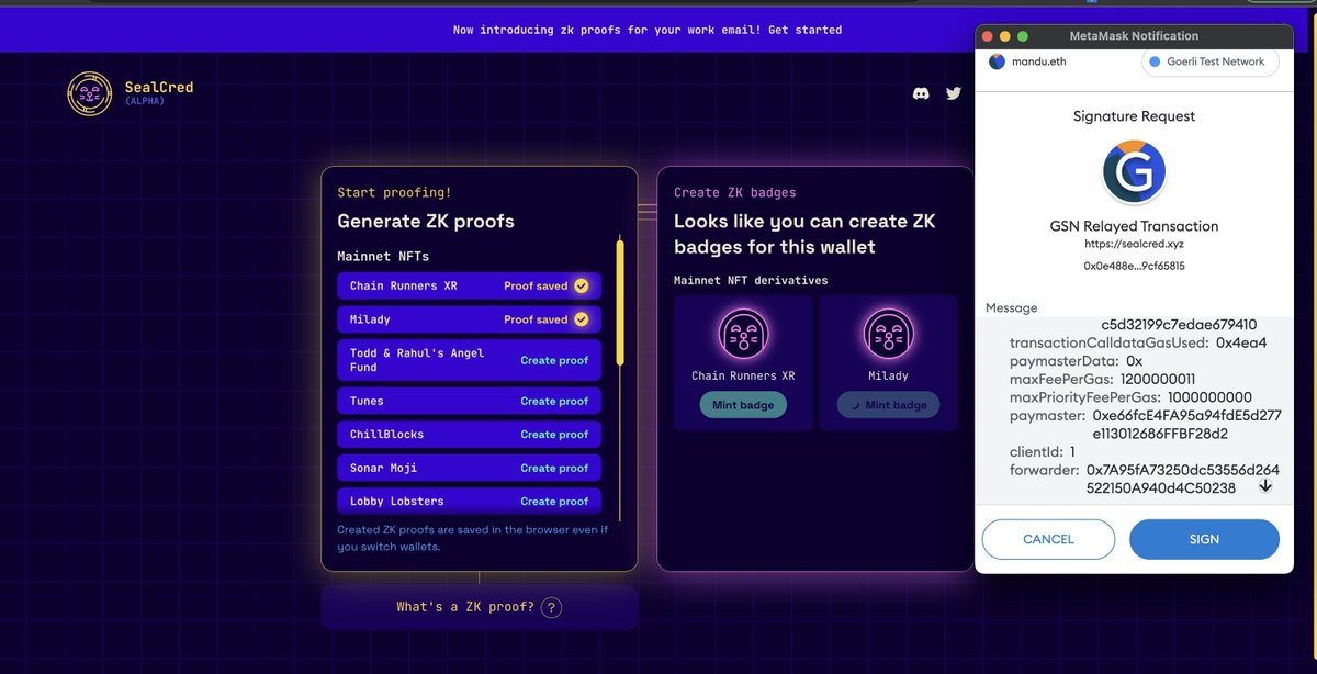 we shipped opengsn integration which means you don't have to fund your anon wallet via a mixer or exchange to use <a href="/sealcred/">sealcred.xyz (⚠️ in alpha beware ⚠️)</a> right away