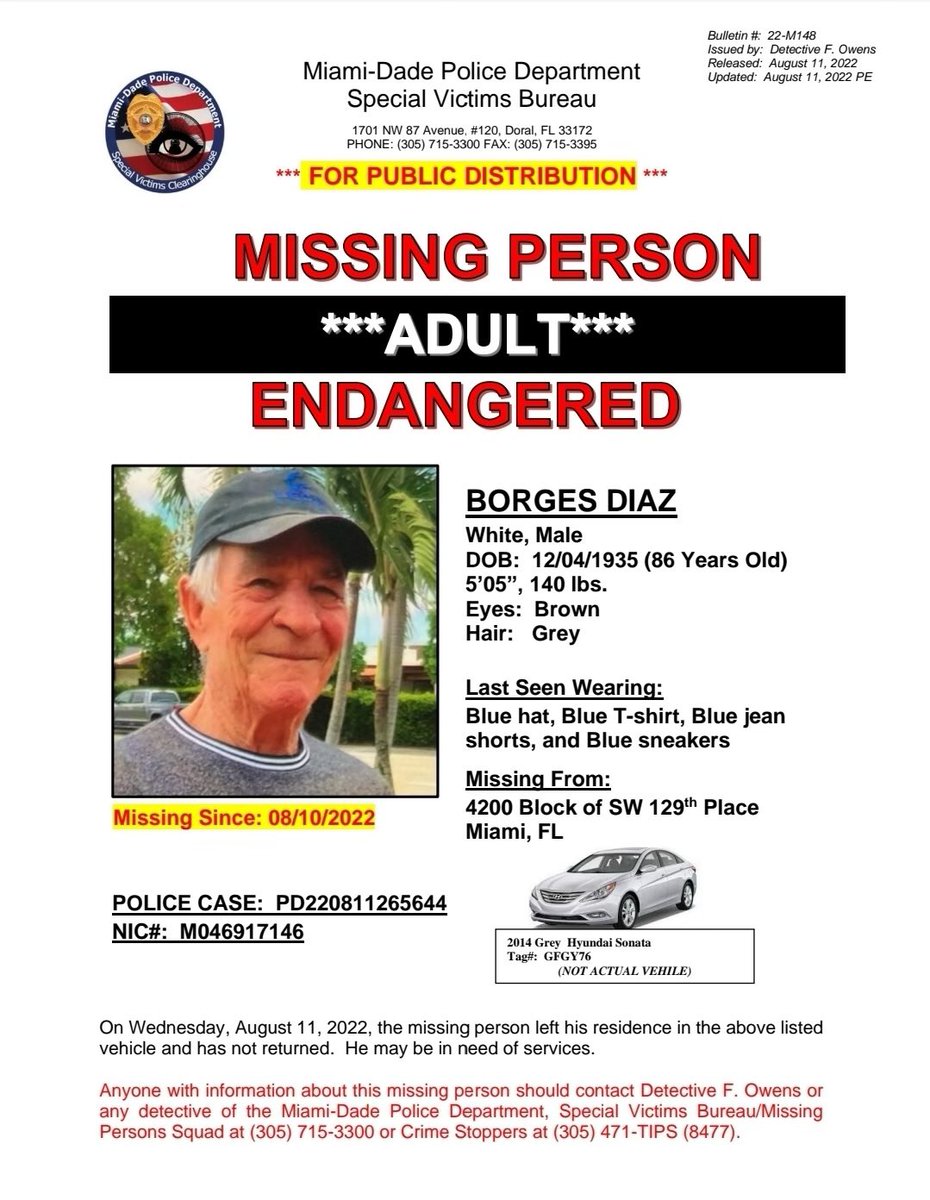 MiamiDade_SO's tweet photo. 🚨 #MISSING: Borges Diaz, 86 years old, was last seen in 4200 Block of SW 129th Place. The missing person may be in need of services. Anyone with information is urged to contact @CrimeStopper305 at (305) 471-8477. https://t.co/rsUOIRlrPa