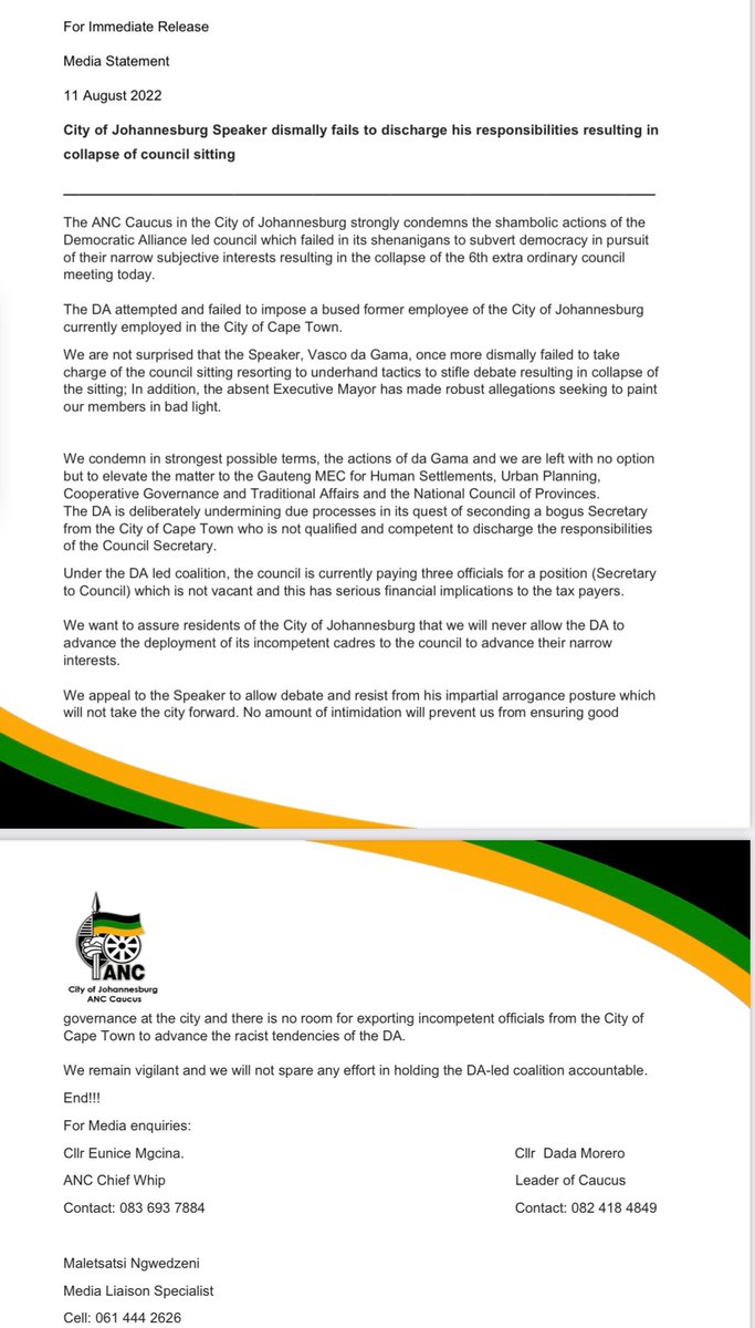 [Read] For Immediate Release 

MEDIA STATEMENT:
City of Johannesburg Speaker dismally fails to discharge his responsibilities resulting in collapse of council sitting.

<a href="/Eunice_Mgcina/">Eunice Mgcina</a> 
<a href="/CdeDada/">Cde Dada Morero ANCJHB Regional Chairperson</a>