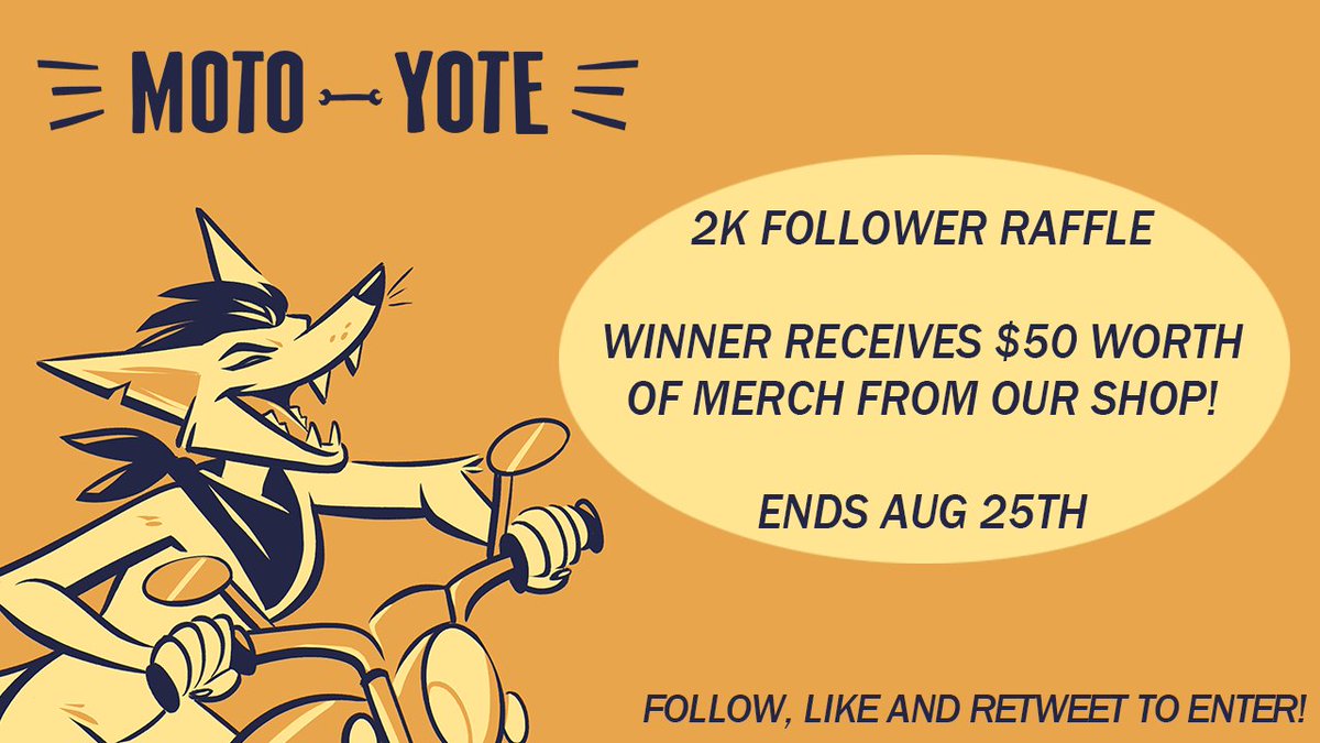 MotoYote's tweet photo. In our thanks, we want to host a raffle! We'll pick one winner AUGUST 25th and the winner will be eligible to choose $50 worth of merch from our shop, shipped right to your door, for FREE! All you have to do is follow, like and retweet this post to enter! https://t.co/ykhqVfdkk7