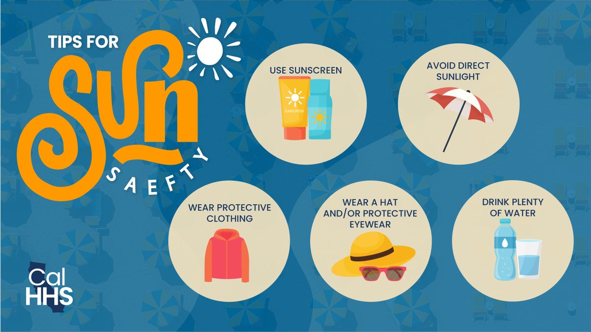 Cal_HHS's tweet photo. August is Summer Sun Safety Month, and during summer, sun safety is a must!

People of all skin tones can reduce their risk of sun damage &amp; skin cancer by using sunscreen, avoiding direct sunlight and wearing protective clothing.

For more information: https://t.co/WPpLS01Ff6 https://t.co/njtYFM9QuK