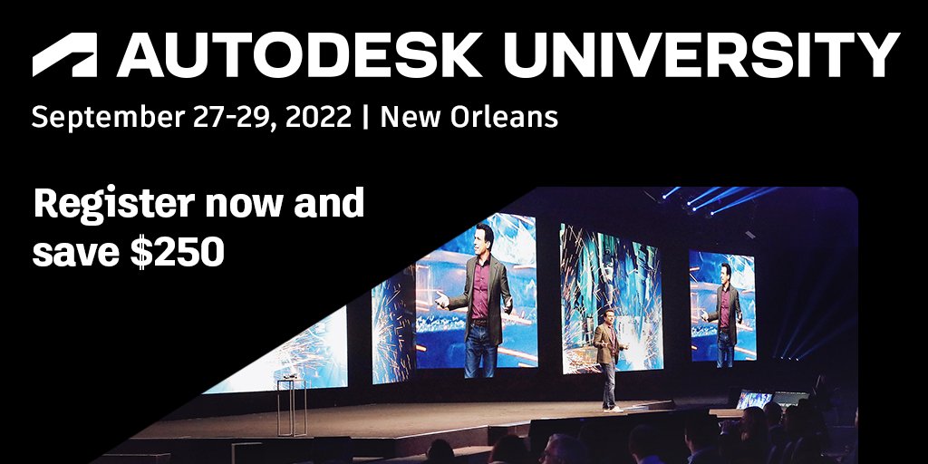autodesku's tweet photo. Join us in New Orleans to connect with thousands of industry professionals for three days of learning, community, and exploration at #AU2022. 

Save $250 off your Full Conference Pass when you register by August 12. https://t.co/rI3Mt68xod