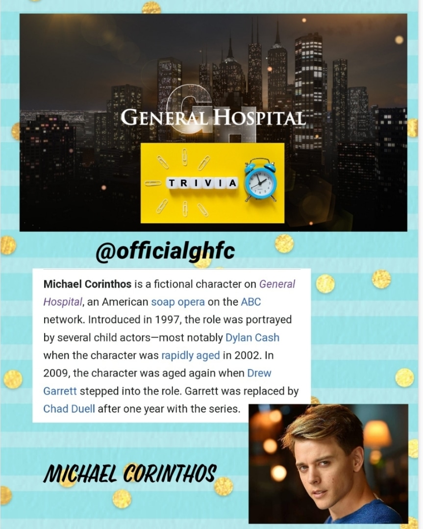 OfficialGHFC's tweet photo. #ghtrivia 
#michaelcorinthos #chadduell #corinthosmen #generalhospital #officialghfc #teamghfc #ghfc #soapopera #ghbaby #prospectstudios #generalhospitalcast #gh59 Please Retweet! https://t.co/3ODb1qhLvn