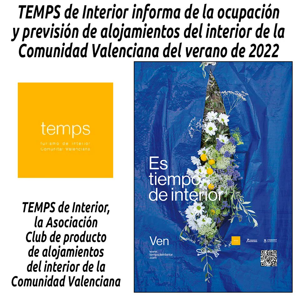 hosteleriaenvlc's tweet photo. TEMPS de Interior informa de la ocupación y previsión de alojamientos del interior de la Comunidad Valenciana del verano de 2022
https://t.co/wznV0o6Ars
#tempsdeinterior #HosteleriaEnValencia #OcupacionDeAlojamiento #Alojamientos #Experiencias #Restaurantes #DestinosDeInterior https://t.co/306Iw0iTAq