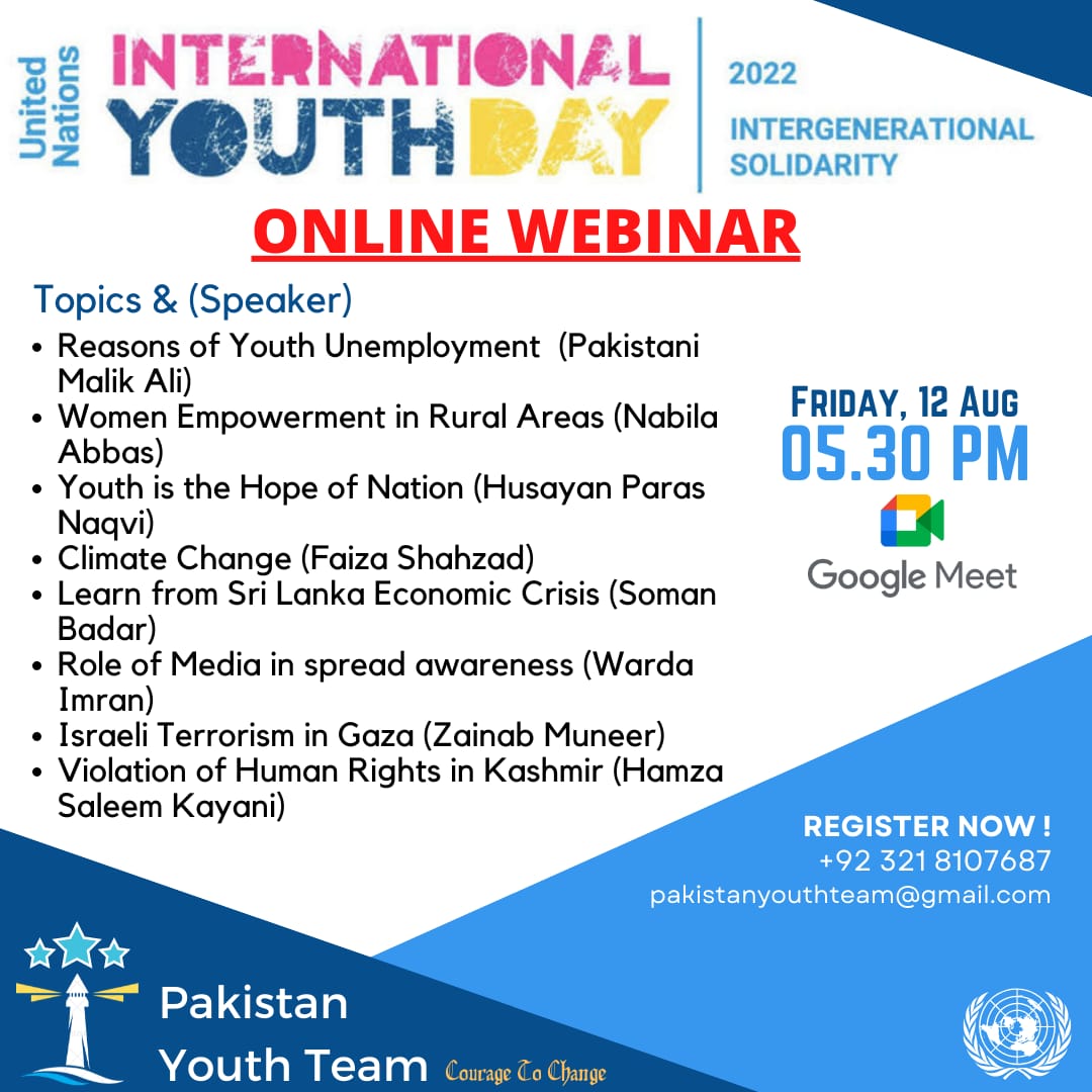 PakYouthTeam's tweet photo. Pakistan Youth Team is going to make your #InternationalYouthDay very informative. Join our Amazing webinar in which different youngsters will speak on different matters. See you there 💙
#MyYouthAdvocacy https://t.co/A8vajxCJgj