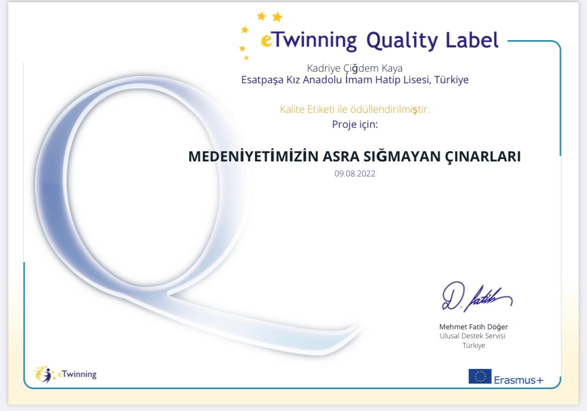 hakikathanem's tweet photo. 🏆🏆 Medeniyetimizin Asra Sığmayan Çınar’ları Projemiz, eTwinning ulusal kalite etiketi ile ödüllendirildi. 

Kadriye Çiğdem KAYA

#eTwinning #eTwinningTürkiye #eTwinningİstanbul #eTwinningAtaşehir #eTwinningKaliteEtiketi #KaliteEtiketi https://t.co/CqK5CM3hWg