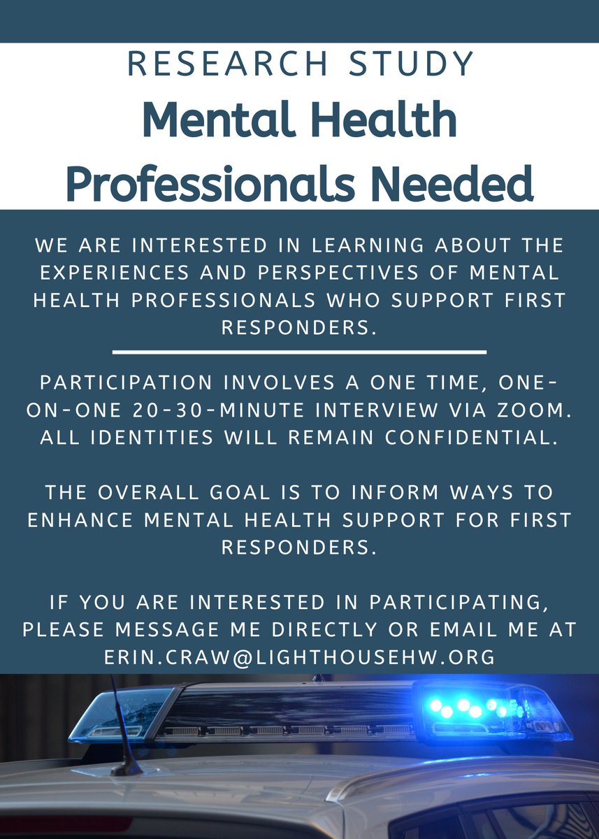 Calling all Mental Health Professionals:

Culturally competent mental health professionals are needed now more than ever. We are interested in learning from those who are currently providing support to first responders. 
#mentalhealth #mentalhealthprofessionals #firstresponders