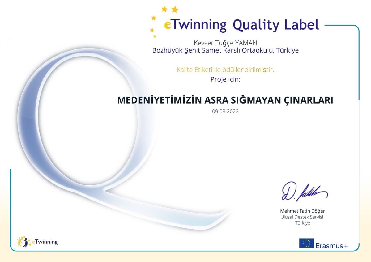 hakikathanem's tweet photo. 🏆🏆 Medeniyetimizin Asra Sığmayan Çınar’ları Projemiz, eTwinning ulusal kalite etiketi ile ödüllendirildi. 

Kevser Tuğçe YAMAN

#eTwinning #eTwinningTürkiye #eTwinningİstanbul #eTwinningAtaşehir #eTwinningKaliteEtiketi #KaliteEtiketi https://t.co/Y0DXBBa52Z