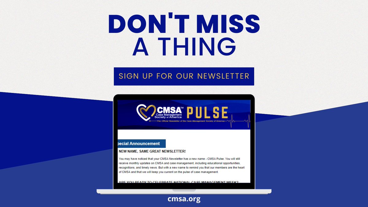 CMSANational's tweet image. Subscribe to the CMSA Pulse Newsletter to receive monthly updates on educational opportunities, industry recognitions, important deadlines, and more! cmsa.org/cmsa-pulse/
Keep your finger on the pulse of case management by staying connected! #CMSA #CMSAPulse #CaseManagement