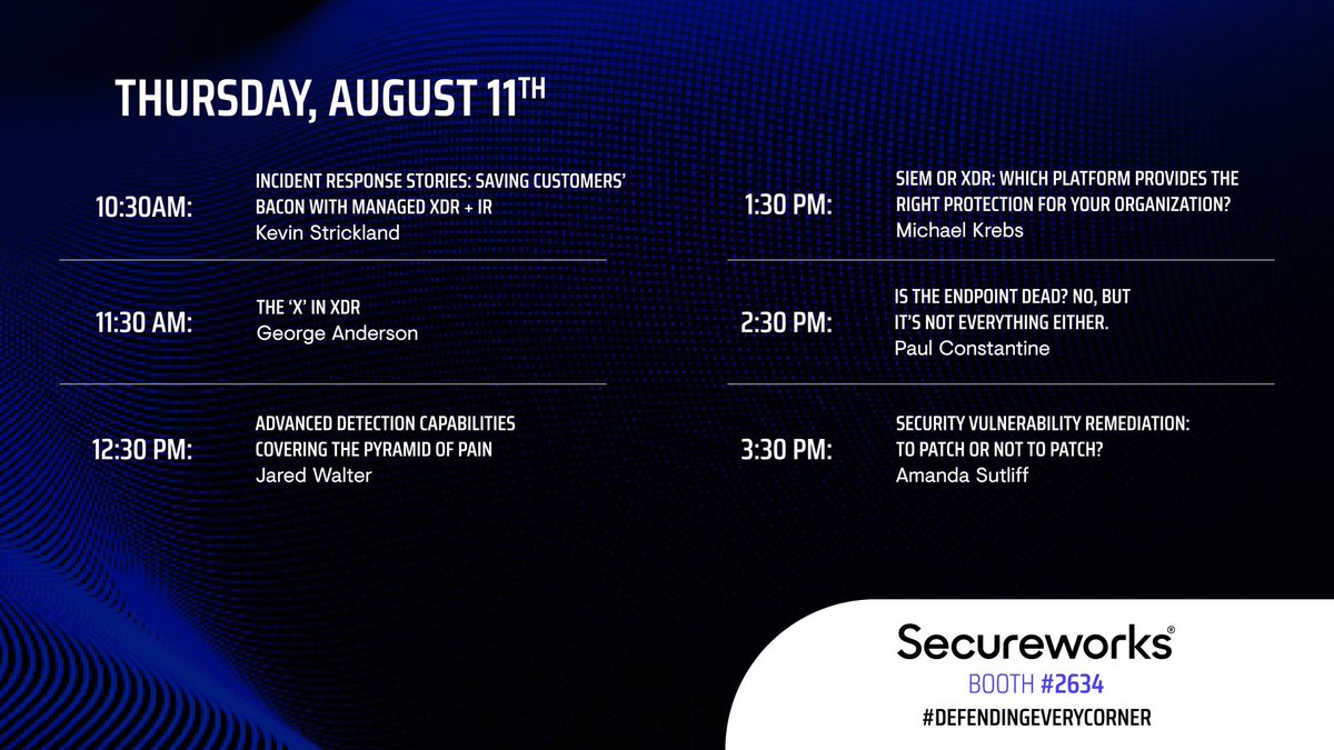Secureworks's tweet photo. #SIEM or #XDR: Which Platform Provides the Right Protection for Your Organization? Join us at #BHUSA booth #2634 for a coffee &amp; session on strengthening your cyber defense.
#DefendingEveryCorner @blackhatevents #cybersecurity https://t.co/uStZhMUzoR