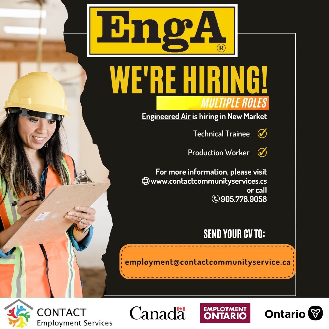 EmployContact's tweet photo. NOW HIRING! ENGINEERED AIR is hiring:
TECHNICAL TRAINEE -
https://t.co/RJQPO50TVH
PRODUCTION WORKER - 
https://t.co/ZxLQ7tqkgg
To apply, email: employment@contactcommunityservices.ca or call 905-778-9058.
For more information, visit our website:
https://t.co/8JELFLPlKf https://t.co/TlTkuIjq1F