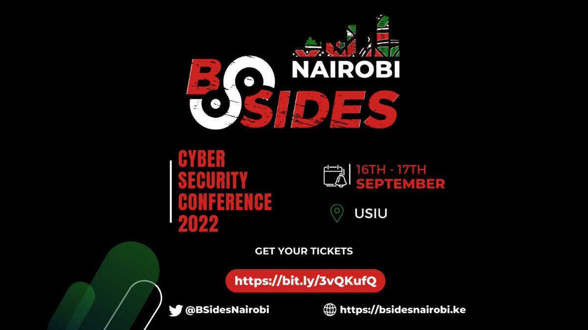 JonesBaraza's tweet photo. On 16th &amp; 17th Sept. I would like to welcome you to @ExperienceUSIU for @BSidesNairobi conference. Come &amp; learn more about "Algorithm Injections" 😂 (just kidding). On a serious note, we have an awesome speaker line-up. Find out more &amp; Buy tickets here >>
https://t.co/XWbPIZtoYV https://t.co/fiK91M0x1z