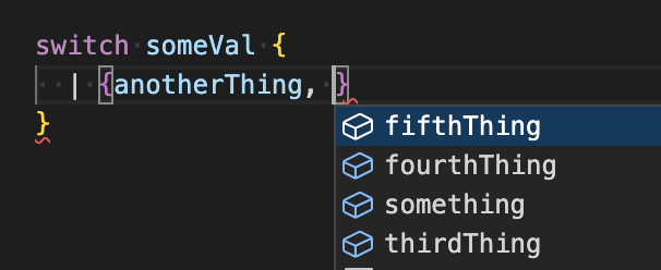 ___zth___'s tweet photo. Been continuing the work on type based completions for the ReScript editor tooling. Long way to go still, but here are a few recent advances - completing when pattern matching!

Essentially, you should be able to get accurate, contextual completions anywhere in a pattern. https://t.co/B3H7mExuVX