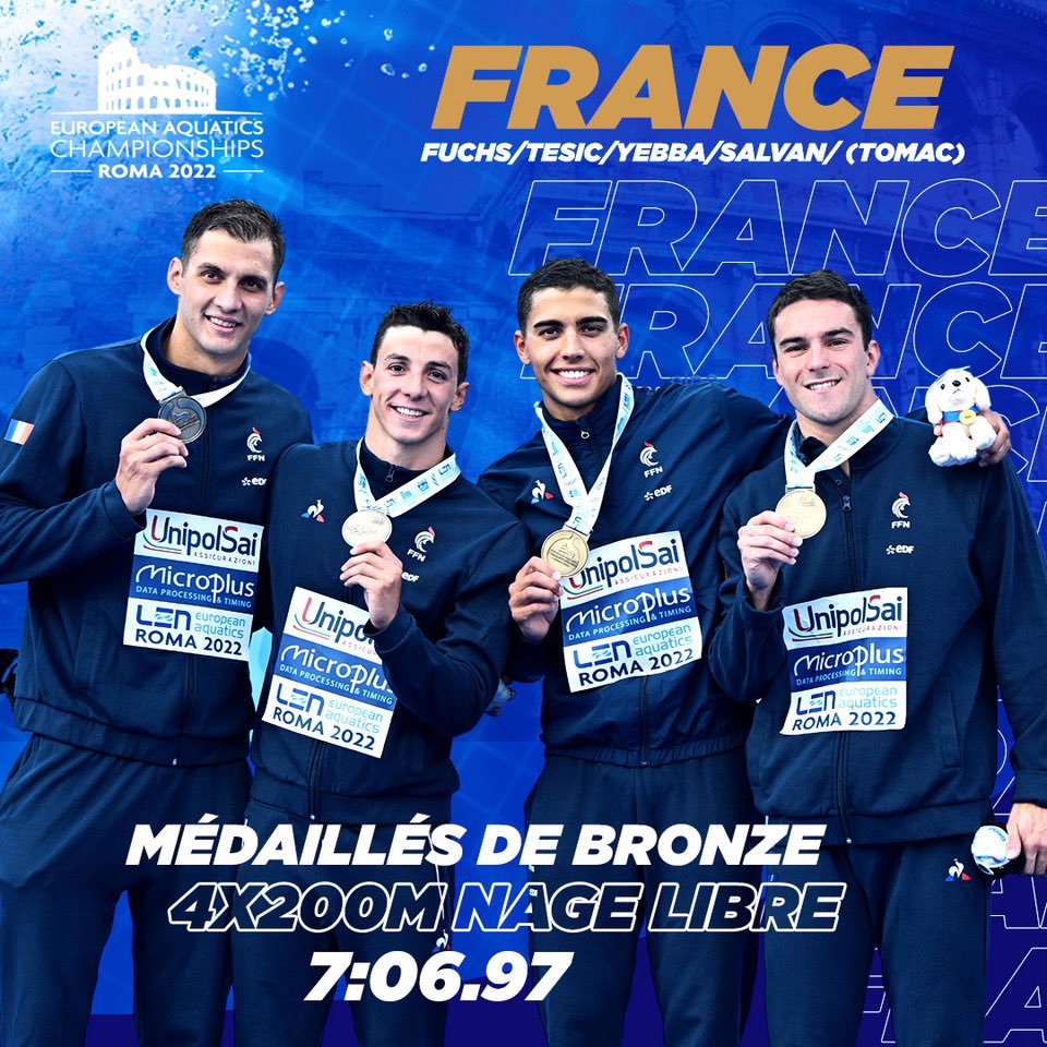 #EnDirect #Rome2022 #Natation
La belle médaille de bronze du relais 4x200m nage libre 🤌🏼🇫🇷
📸KMSP/S.KEMPINAIRE  #TeamFrance #TeamFFN