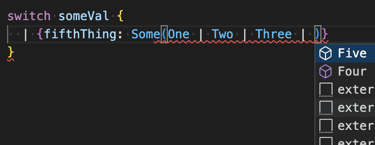 ___zth___'s tweet photo. Been continuing the work on type based completions for the ReScript editor tooling. Long way to go still, but here are a few recent advances - completing when pattern matching!

Essentially, you should be able to get accurate, contextual completions anywhere in a pattern. https://t.co/B3H7mExuVX