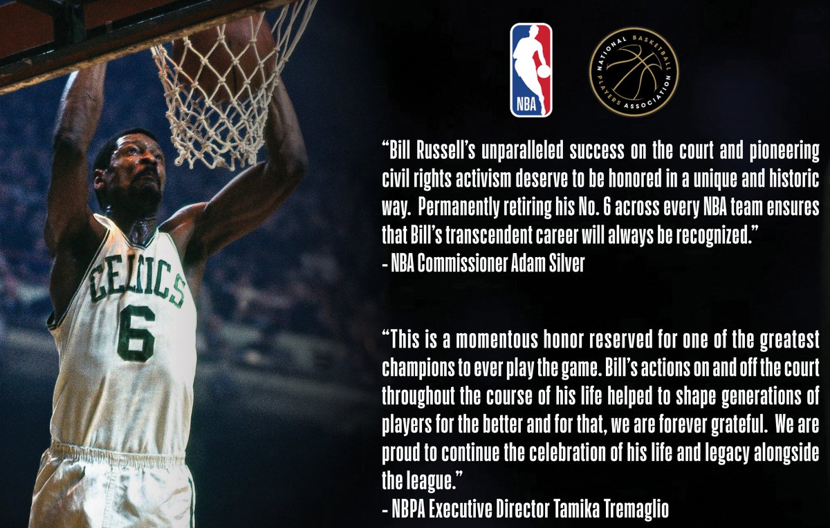NBAPR's tweet photo. The NBA and NBPA announced today that they will honor the life and legacy of 11-time NBA champion and civil rights pioneer Bill Russell by permanently retiring his uniform number, 6, throughout the league.

Full release: https://t.co/jFjZwKtiB2 https://t.co/LdXT4Mf8W7