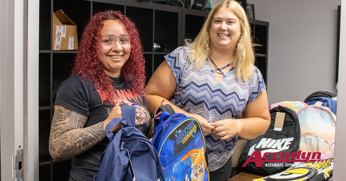 accudyn's tweet photo. #ThankfulThursday We've been handing out backpacks to employees whose kids are gearing up to go #BackToSchool! Fifty-five backpacks were filled with essential, grade-specific supplies including notebooks, folders, glue sticks, highlighters, and more! #EmployeeAppreciation https://t.co/mpI5TZ23Ke