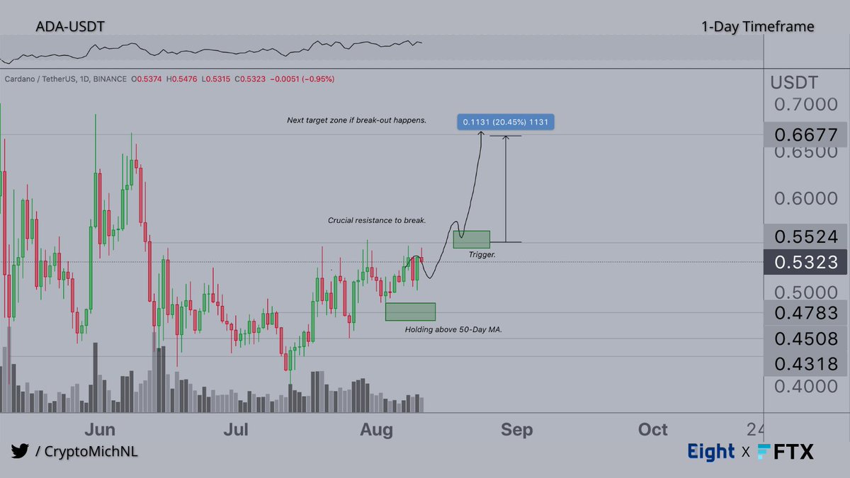 Cardano follows the plan and looks ready for continuation, as the entire  market looks ready for continuation. Expecting to see $0.70 as possible in  the next weeks.