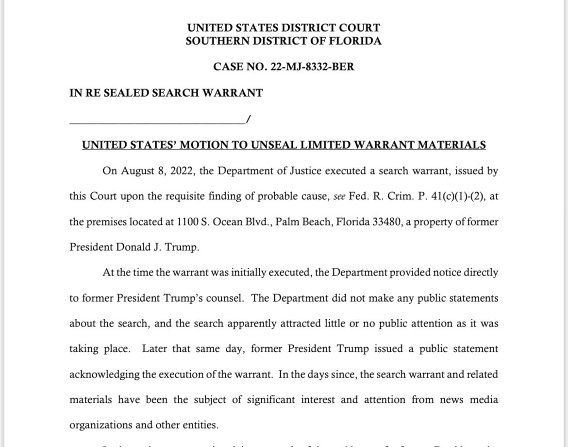 The motion to unseal Trump search warrant. The first paragraph is a piece of history ===>