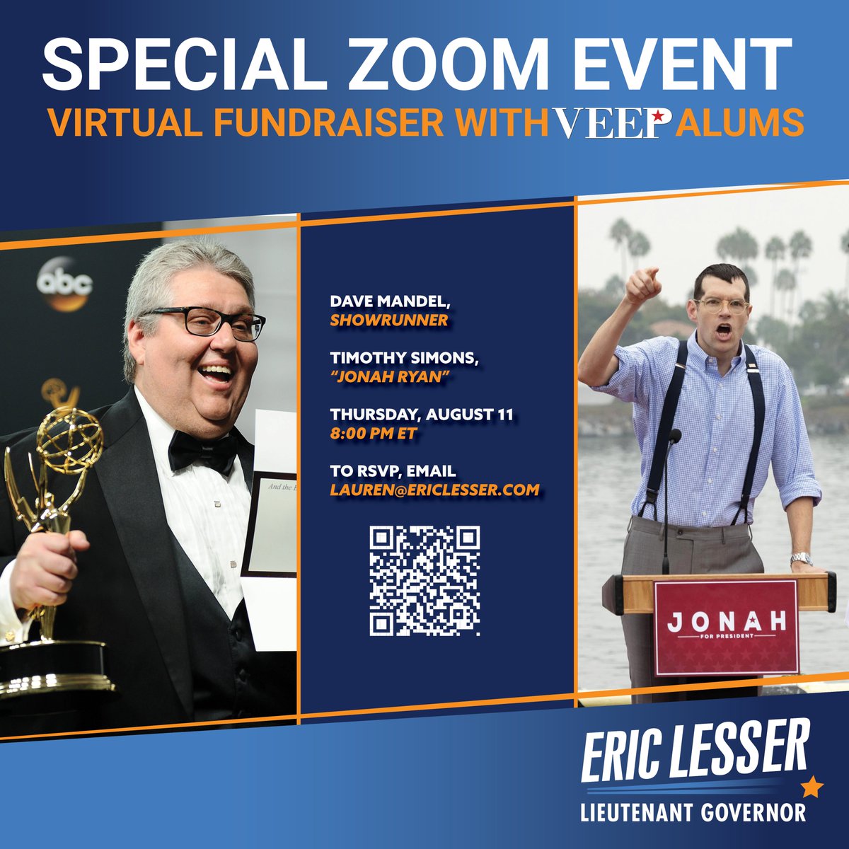 Reminder @timothycsimons aka #JonHRyan & I are hosting a zoom #fundraiser for future #LieutenantGovernor & #veepconsultant @EricLesser TONIGHT Aug. 11 at 8 pm Join here: secure.actblue.com/donate/eric-le… Per Congressman Ryan, nobody vaccinated will be allowed into the zoom. @VeepHBO