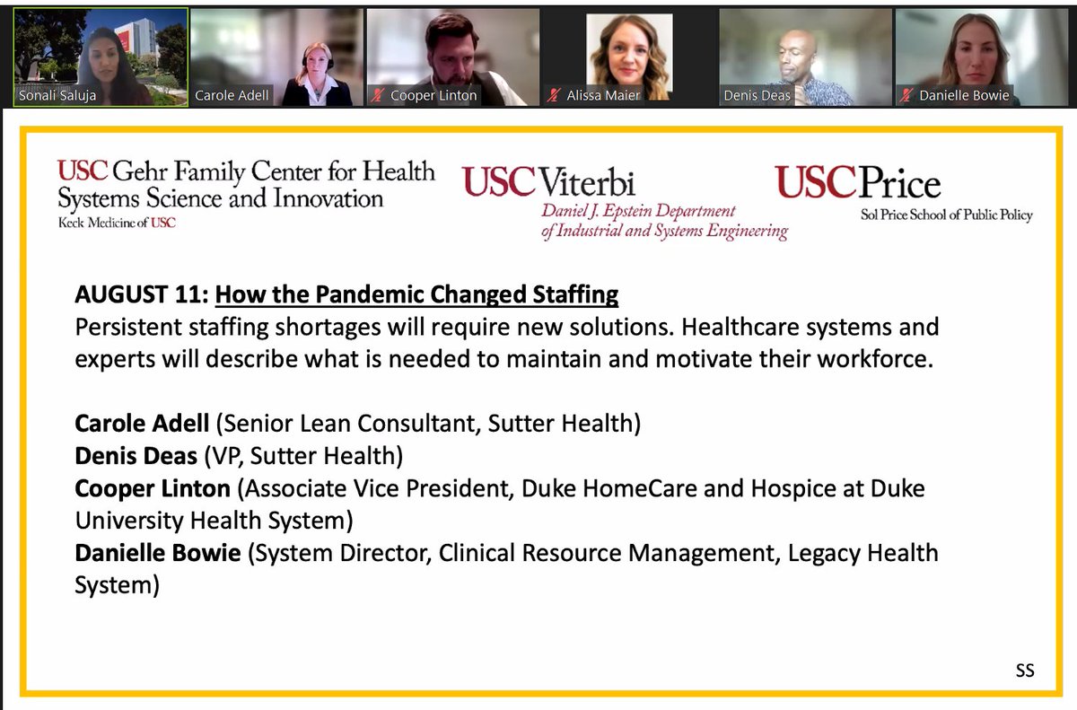 USCGehrCenter's tweet photo. LIVE: The second webinar in our series, focusing on how the pandemic has affected staffing 🏥⚕️
@USC @USCViterbi @USCPrice | @SutterHealth @CooperLinton @DukeHomeCare @KeckMedUSC @KECKSchool_USC
 #MedTwitter https://t.co/jziXXQ9aqo