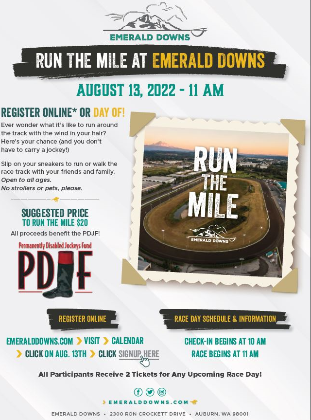 EmeraldDowns's tweet photo. You can run the Emerald Downs oval this Saturday at 11 AM.
Spread the word and come run/jog/walk the 8 furlongs = 1,760 yards. You'll be timed and we will declare a Winner.
Free admission to the races and a #rushreturns t-shirt.
All proceeds to the @PDJFund https://t.co/ke8xuKTfHM