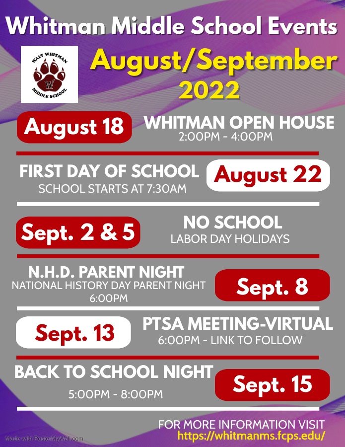 The #WhitmanFamily is excited to welcome our students back on August 22! Please take note of a few events that will take place in August and September!