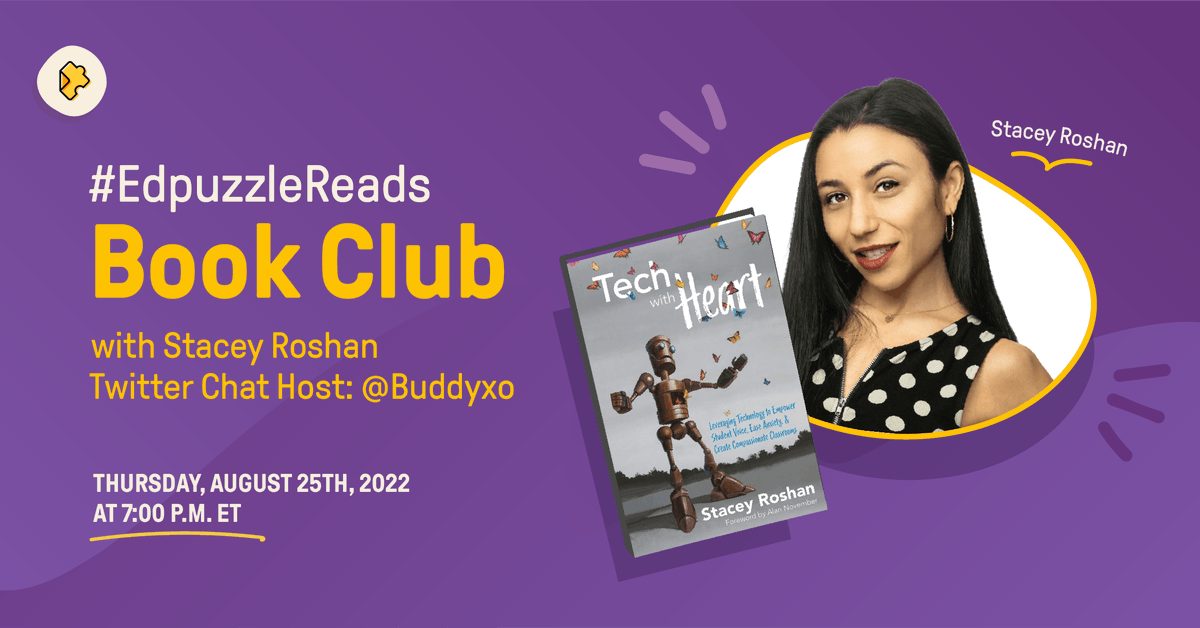 edpuzzle's tweet photo. Looking for your next #eduread?Join the Edpuzzlers for our next #EdpuzzleReads, @buddyxo's #TechWithHeart! 

🗓Join the Twitter chat Thursday, August 25 at 7:00 PM ET! 
📚 Join the club  https://t.co/GsqxEKIWK8

PS: Check out the 🧵 to enter to win a copy of Tech with Heart! 💛 https://t.co/4MbSzFacaB