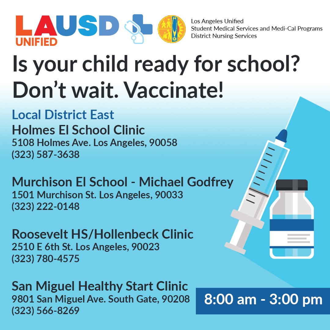 <a href="/LASchools/">Los Angeles Unified</a> is still offering free COVID-19 vaccinations and school entry immunizations to students at our wellness centers! To see a full list of District and Community clinics, please visit achieve.lausd.net/sms