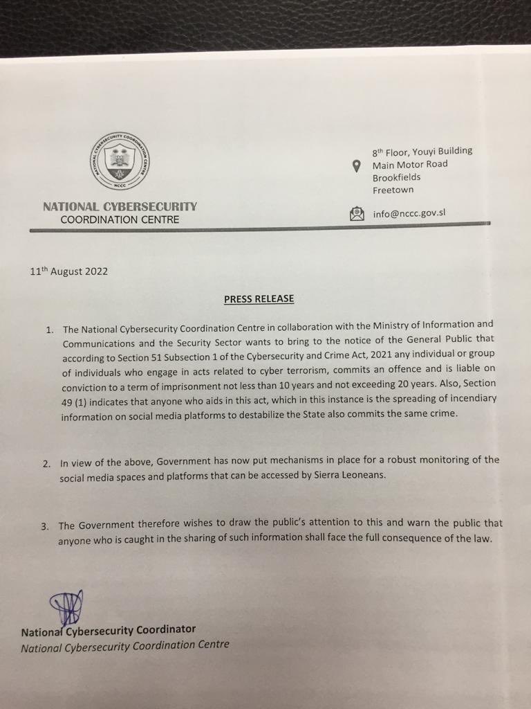 GOV press release on dissemination of contents on social media… #SierraLeone