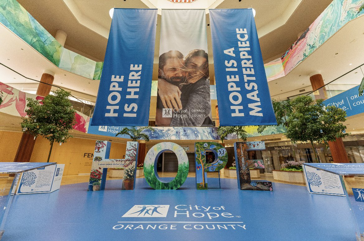 Four COH O.C. patients collaborated with artists to bring their courageous stories of cancer survival to life on HOPE letters now on display in @southcoastplaza stunning #JewelCourt. Thank you patients and artists for spreading hope within our community. #HopeIsAMasterpiece