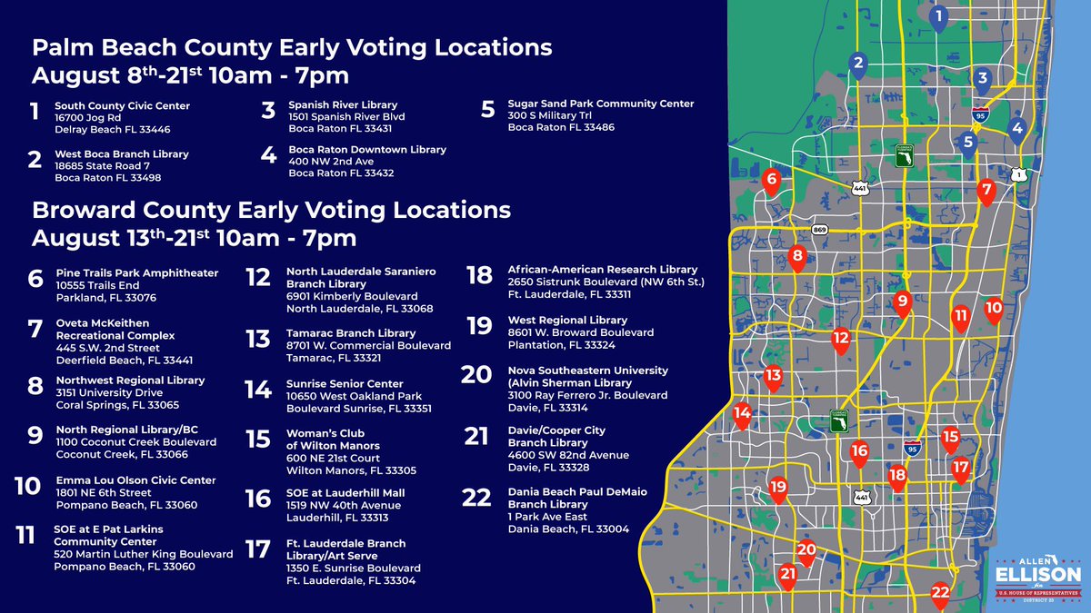 Head to the polls and vote for @AllenLEllison for US Congress in #FL23. He’s the only one that will work with you and improve the quality of life for all people. Please see poll locations in the graphic below. Vote for #ANewPathForward with #AllenEllisonforCongress #23andAE