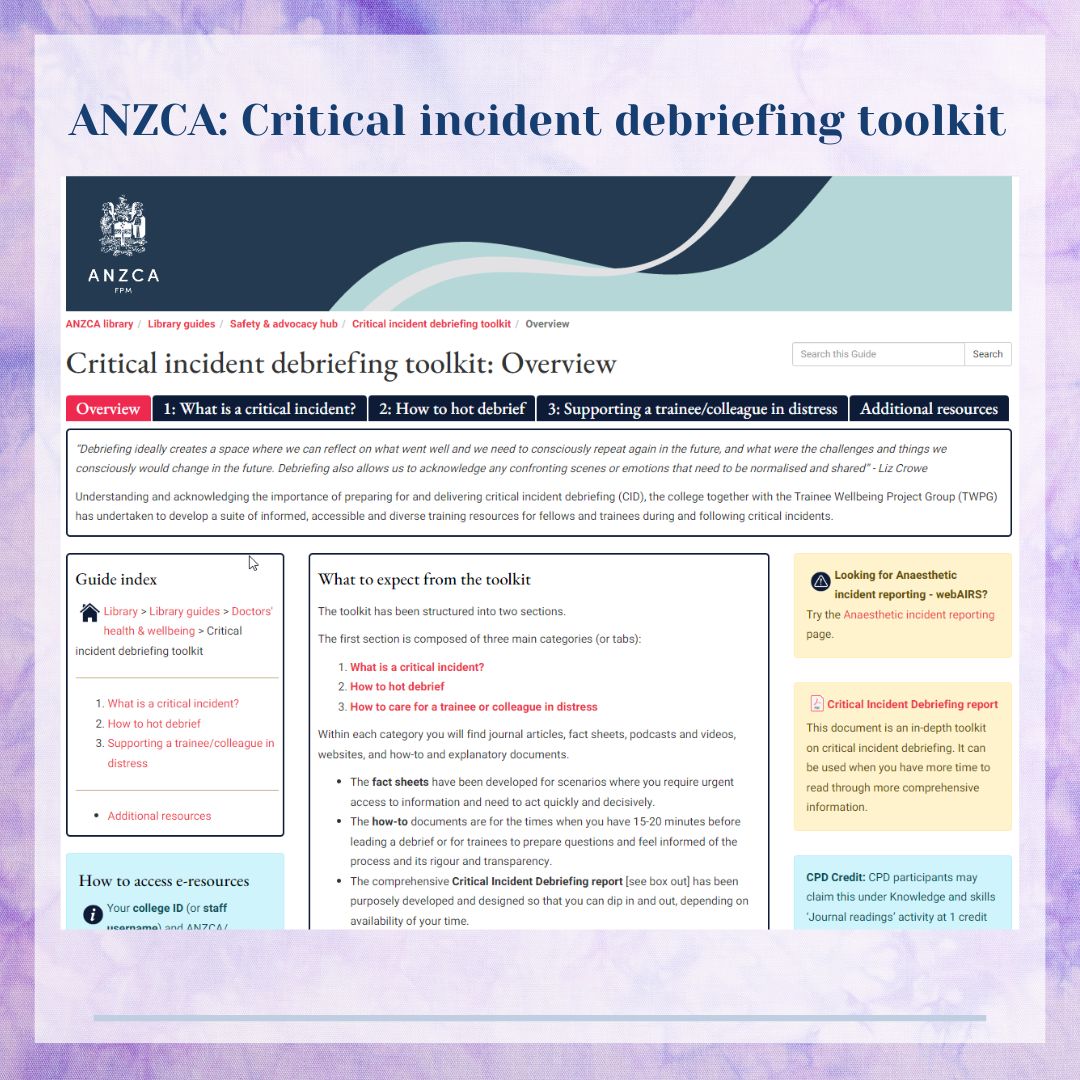 Shout out to <a href="/ANZCA/">ANZCA</a>  for their recently launched Critical Incident Debriefing Toolkit. Check out its resources on how to hot debrief and supporting a colleague in distress. 

libguides.anzca.edu.au/criticalincide…