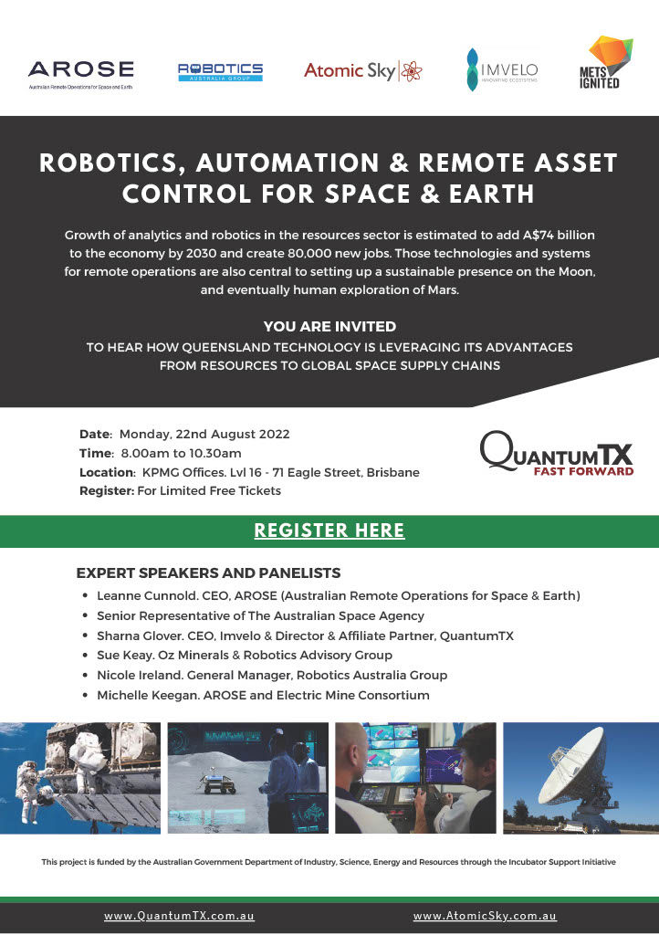 AROSE (@remoteconnected) on Twitter photo AROSE is excited to be a sponsor for the upcoming QuantumTX Automation, Space & Australia Event
in partnership with <a href="/RoboAus/">Robotics Australia Group</a> , <a href="/atomicskyau/">Atomic Sky</a> , IMVELO and <a href="/METSIgnited/">METS Ignited</a>.
Hosted by <a href="/KPMG/">KPMG</a> , Brisbane.
Register here: bit.ly/3QA7jw7
#Robotics #remoteoperations #automation AROSE is excited to be a sponsor for the upcoming QuantumTX Automation, Space & Australia Event
in partnership with <a href="/RoboAus/">Robotics Australia Group</a> , <a href="/atomicskyau/">Atomic Sky</a> , IMVELO and <a href="/METSIgnited/">METS Ignited</a>.
Hosted by <a href="/KPMG/">KPMG</a> , Brisbane.
Register here: bit.ly/3QA7jw7
#Robotics #remoteoperations #automation