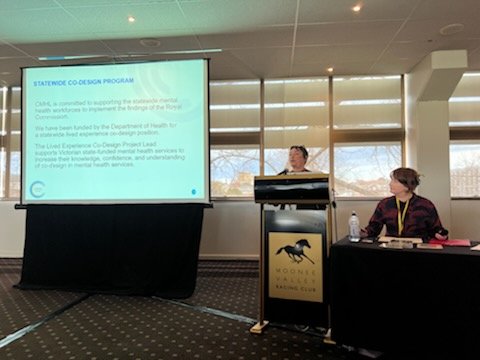 CMHLvic's tweet photo. Two members of our co-design working group @DebTweets_ and Beth Dunlop presenting on Co-design - towards partnering with consumers and families and carers

For more co-design information visit our website https://t.co/ZkVPdzakK5

#Collab2022 #thrivingthroughchange @CMHNunimelb https://t.co/JThU2AMuS3