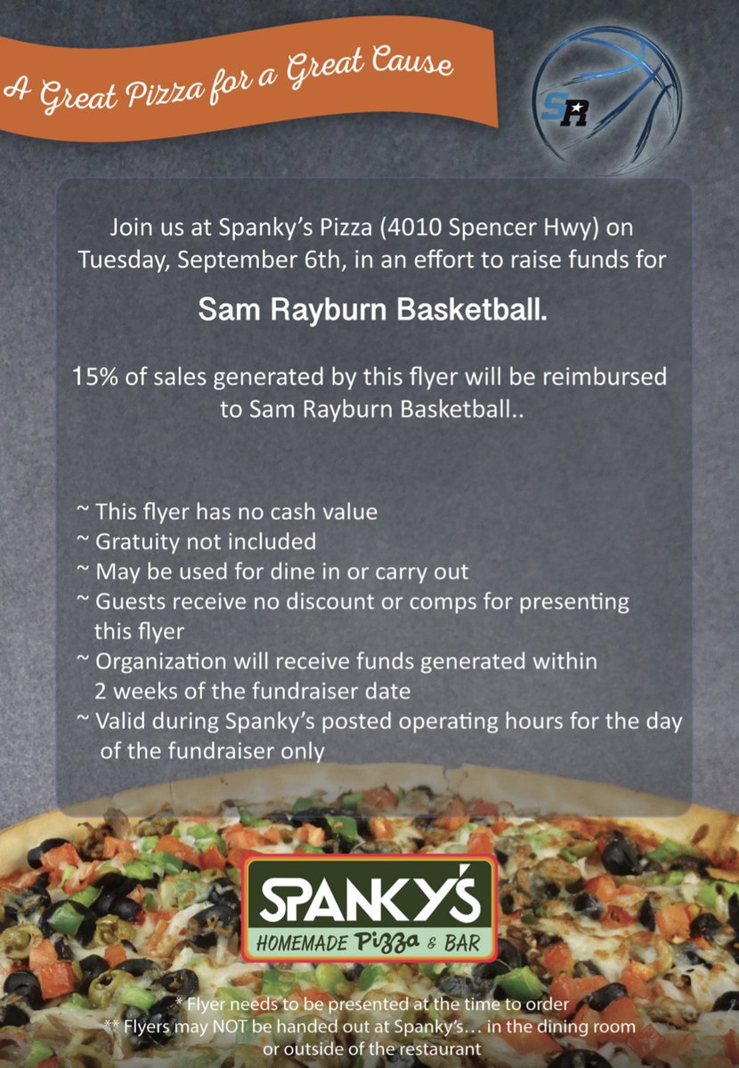 RunninTexans's tweet photo. Our first fundraiser of the year! September 6th! Please share! Come out and support the Rayburn Boys Basketball Program! The pizzas are great and you will be supporting a great program! See you there! https://t.co/Bi9lbmEISn