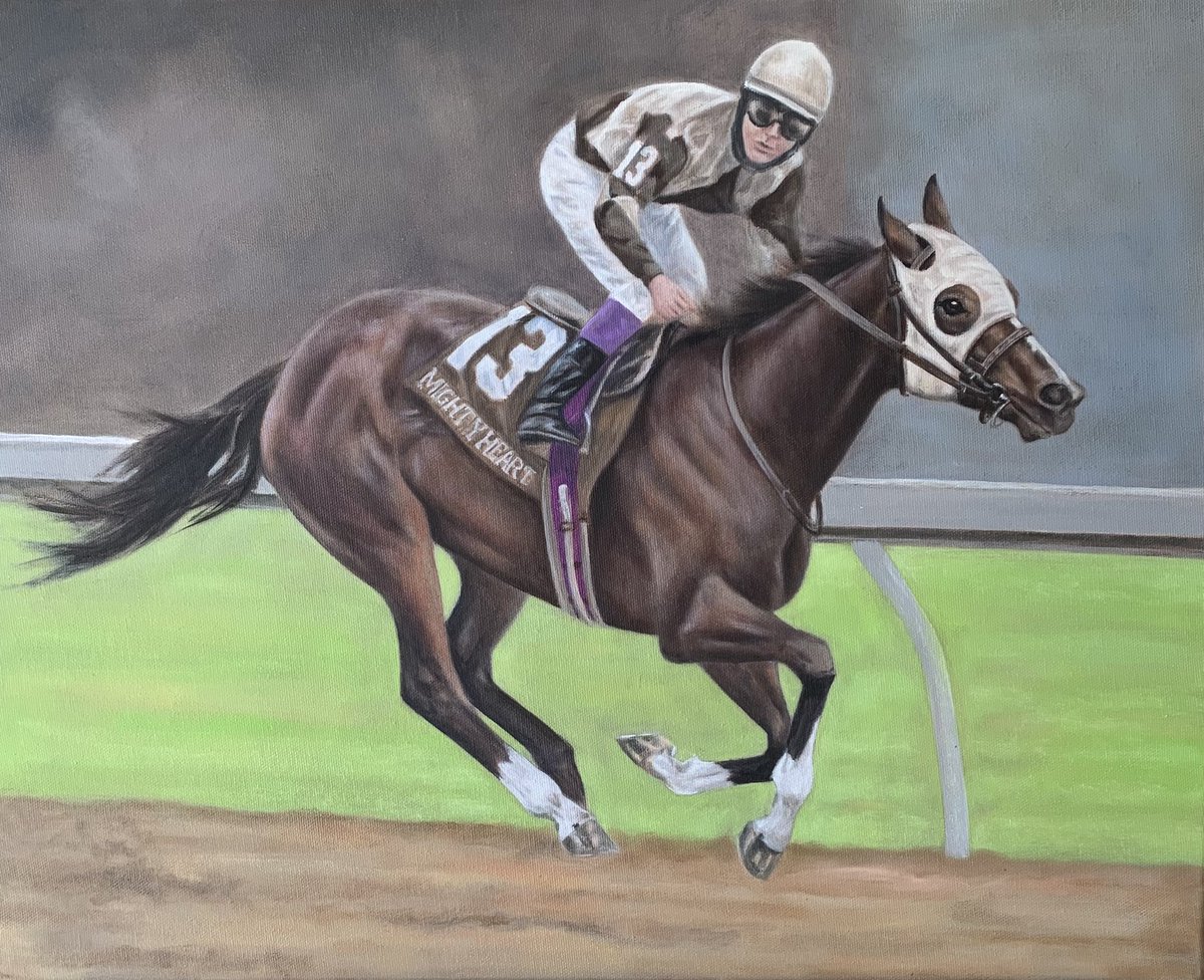 So very close to being done this Tribute oil painting of Mighty Heart! 💜 16 x 20 oil on canvas. #HorseRacing #ArtistOnTwitter