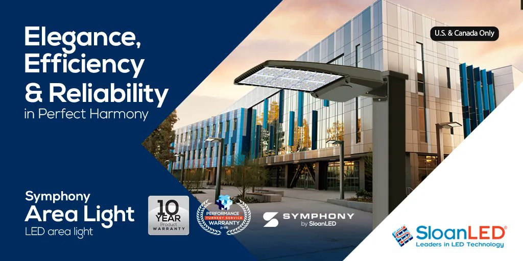 [US &amp; CANADA] Symphony Area Light delivers excellent performance and uniformity for greater pole spacing and lower power density in a clean, architectural form! Learn more: buff.ly/3vWSlrY #SymphonySeries
