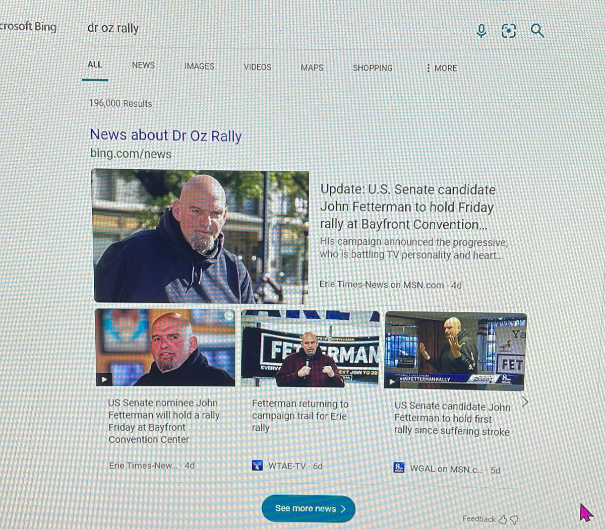 saidlikegnomes's tweet photo. @DrOz the most hilarious thing is that if you look up “Dr. Oz Rally” on Bing, you literally only get @JohnFetterman rallys 😂 https://t.co/164wgln8ua
