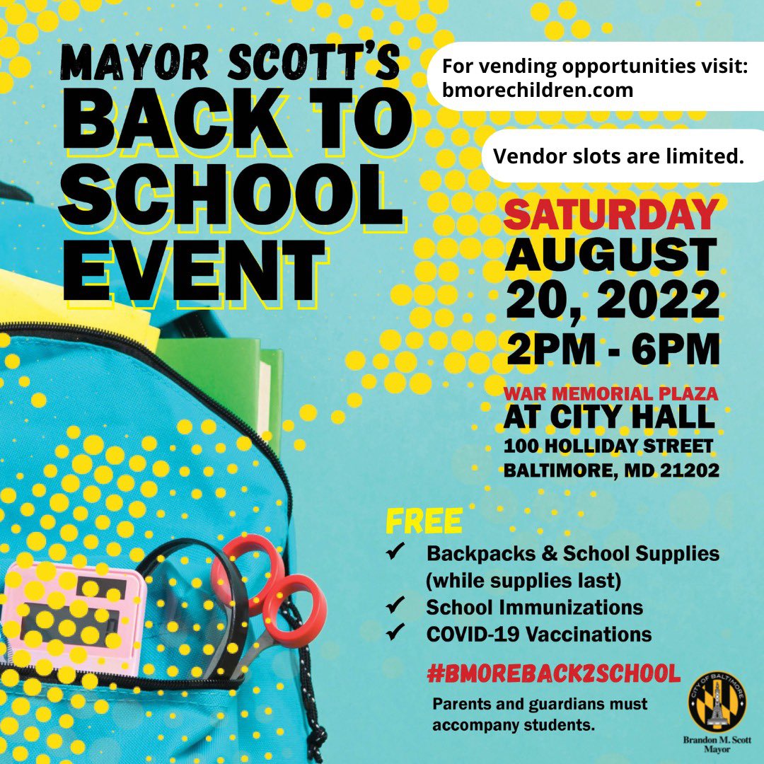 Let’s send our young people back to school ready to conquer the 2022 - 2023 school year. Join me &amp; <a href="/bmorechildren/">Mayor's Office of Children and Family Success</a> next Saturday for our annual Back to School Event. We’ll be giving away FREE backpacks and school supplies to our City’s children.