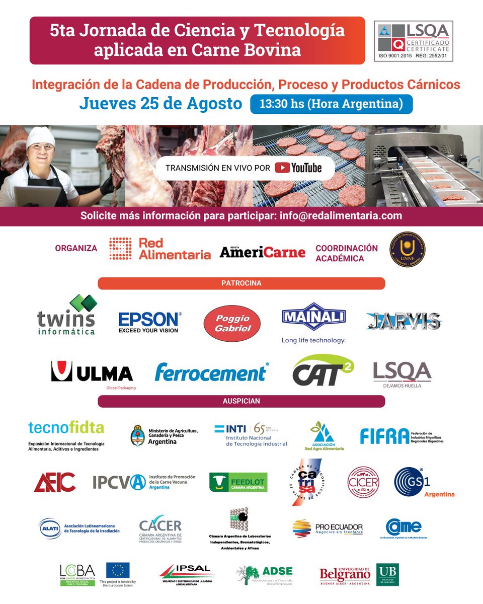 Redalimentaria's tweet photo. ✨5ta Jornada de Ciencia y Tecnología aplicada a Carne Bovina - "Integración de la Cadena de Producción, Proceso y Productos Cárnicos"🥩🐂✨
🗓 25/8/2022 ⏰ 13:30 hs 🇦🇷
💻 Virtual
Actividad NO arancelada
👉🏼 https://t.co/QUoXKZc5lf
#redalimentaria #jornada #carne #industria https://t.co/E11sCOiQke