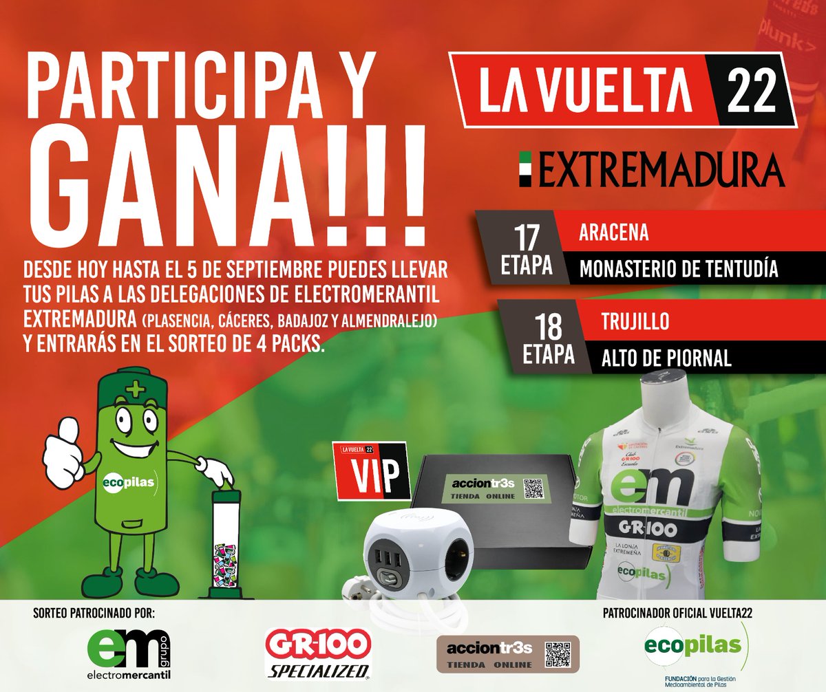 SORTEO 4 packs Etapas <a href="/lavuelta/">La Vuelta</a> por #Extremadura 
¡acércate con tus #pilas para #reciclar a #Electromercantil (#Plasencia #Badajoz #Cáceres o #Almendralejo ) #Reciclartienepremioseguro con <a href="/ecopilas/">@ecopilas</a> <a href="/acciontr3s/">Acción Tr3s Tienda Online</a> @EM_DAM y <a href="/electromercant1/">electromercantil-gr100</a>